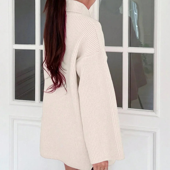 White Casual Women's High-Neck Drop Shoulder Sweater - Picture 2 of 5